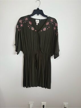 Knox Rose Olive Green Mini Dress with Pink Floral Embroidery